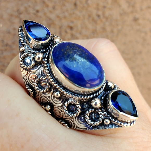 New Lapis Lazuli & Blue Topaz 925 Silver Statement Ring. - Picture 6 of 11